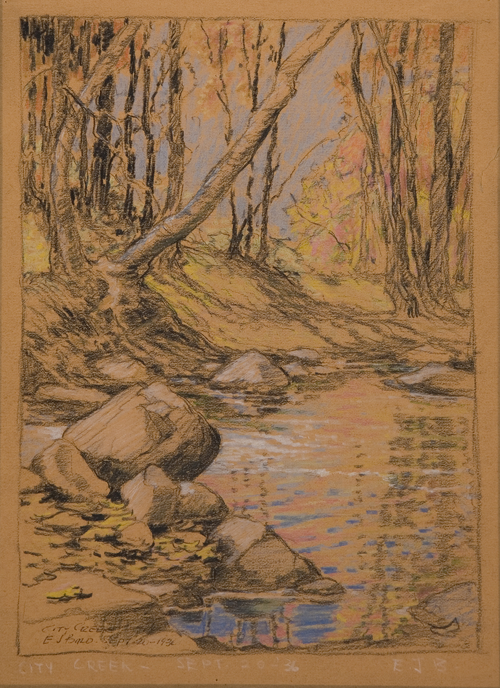 A pastel drawing on tan paper of a creek with a rocky bank and trees in the background