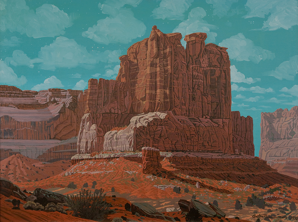 A nighttime landscape of southern Utah. A large red rock butte stands in the middle of the painting. Cliffs are in the distance. The foreground has small green bushes scattered on the ground. There are faint clouds in a muted blue sky. Shadows from the butte fall to the right in the painting.