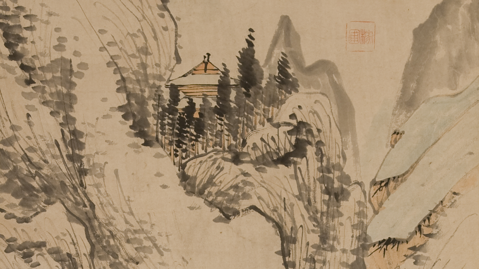cropped image from a Chinese scroll showing a house perched on a cliff among trees