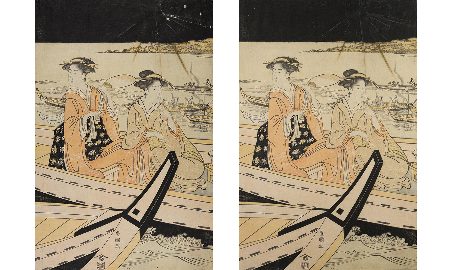 Side by side view of before and after conservation treatment of, Utagawa Toyokuni, Japanese, Watching Fireworks from Boats, ca. 1800, woodblock print.