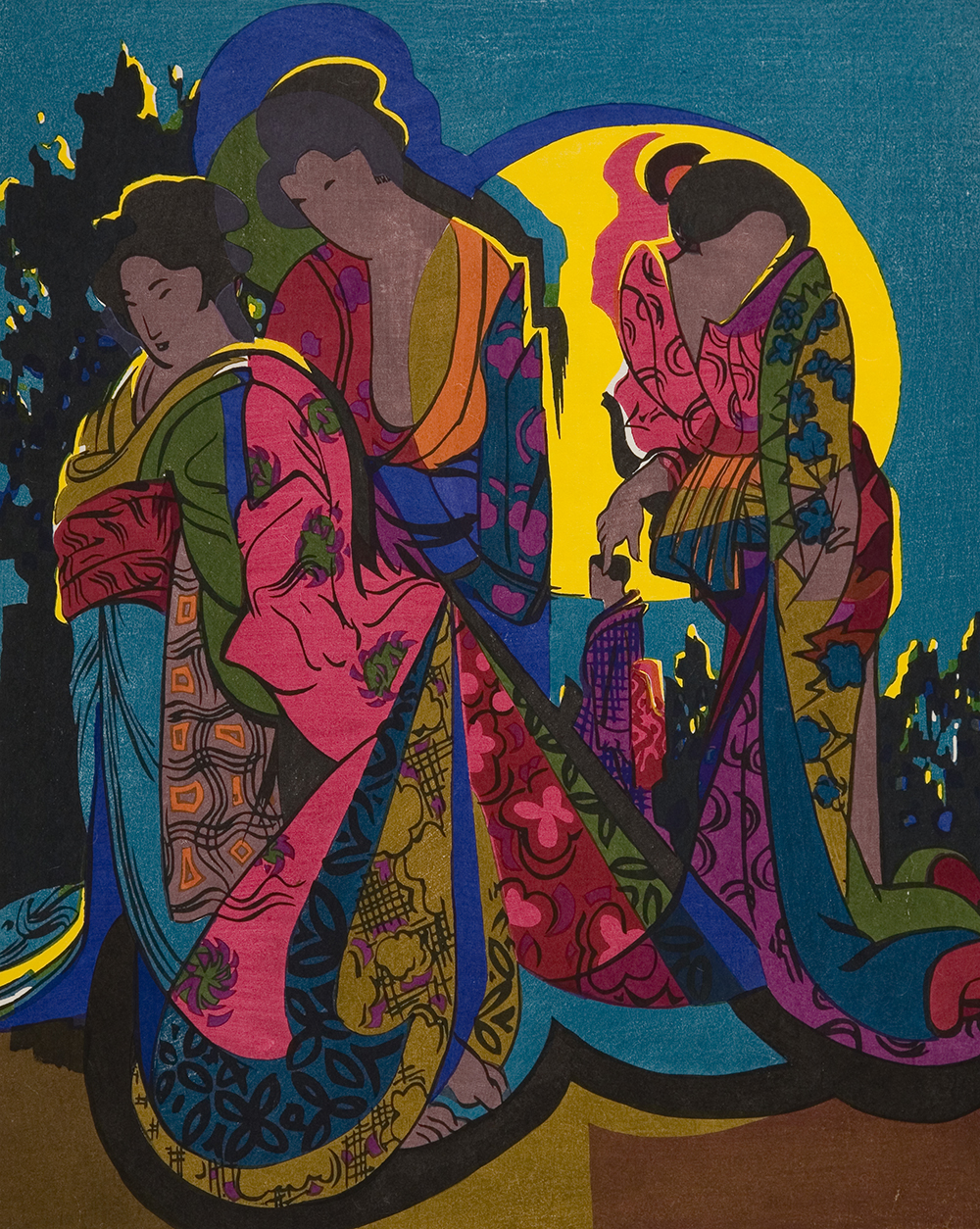 Three women in traditional Japanese clothes stand in front of a large yellow moon. The clothes are covered in brightly colored patterns of flowers. Trees are in the background and the ground is brown dirt. All the figures are outlined in yellow highlights. 