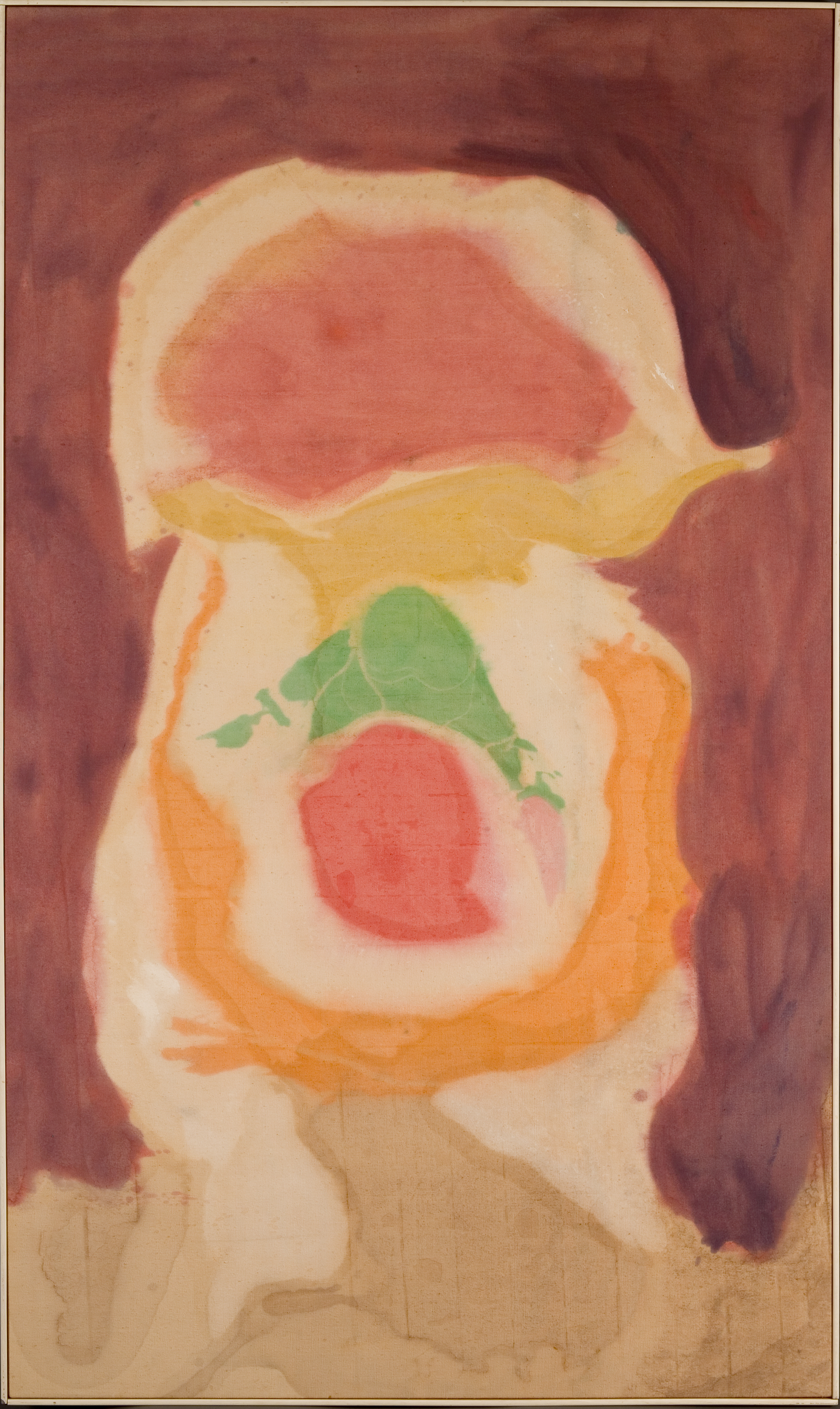 An abstract painting of a beige irregular body with red, orange, and green shapes within.