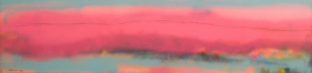 an oil painting of a pink stripe painted horizontally across a grey background. The painting is long and 60” long by 22” high. The pink stripe is a blurred brushstroke with other subtle colors of mauve, orange, and yellow.  