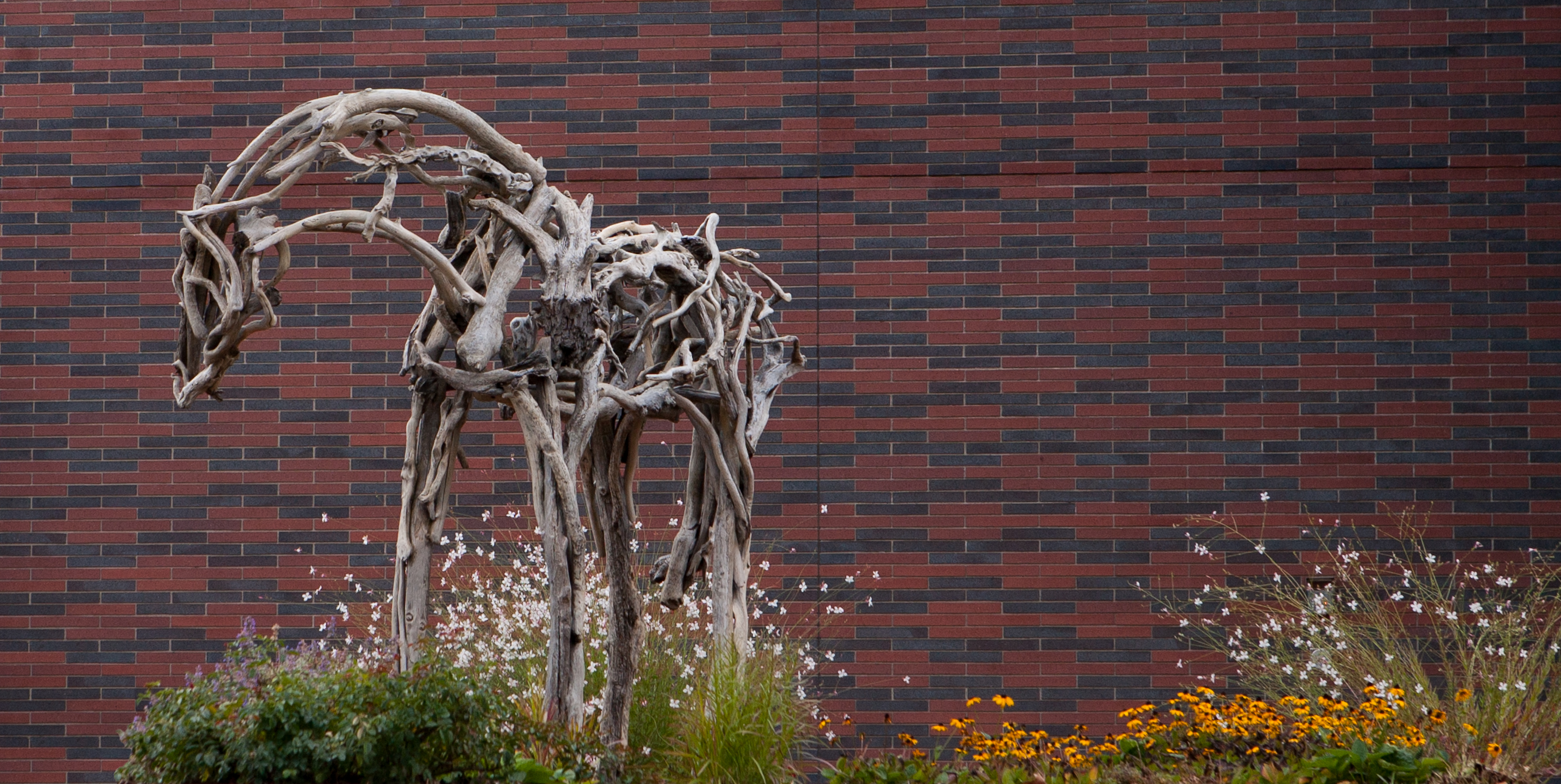 A driftwood statue of a horse standing in a garden.