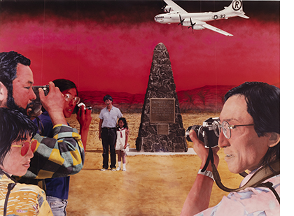 a composite photo of a group of tourists all taking pictures of monument the sky is an eerie red with a fighter jet flying through  