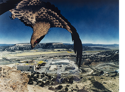 a photograph of a military site in a gray desert with a golden eagle hanging into the frame from the top left corner
