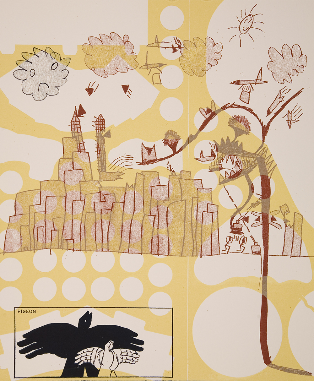 a print that looks like a child’s line drawing in sepia and black ink of a city with skyscrapers. Four clouds, one with a frowny face, are in the sky. A sun with a smiley face is in the upper right sky. A large Venus fly trap plant grows from the ground and is facing the city with its mouth open. Planes fly around the plant. The bottom left corner has a box with two hands making a bird hand shadow.