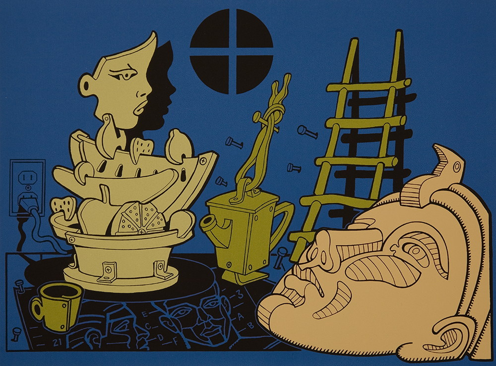 light brown and yellow objects are in front of a flat blue background. The objects are drawn in a cartoon style with black outlines around the features. There is a large mask of a human face in the right lower corner. A tub of flat prop-like fruits and vegetables with a mask on top of them is on the left side. An old teapot and ladder are behind the large mask propped up against the blue wall. There is a simple round window in the blue wall and an electric socket with plugs behind the tub. A small cup sits in the left lower corner. 