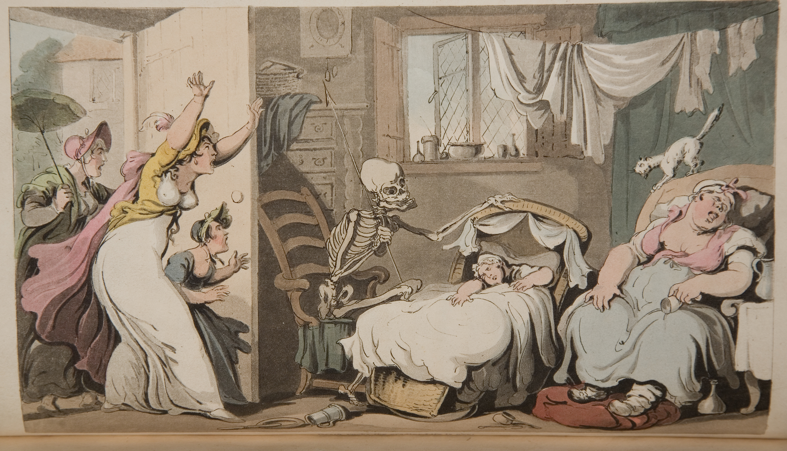 A hand-colored etching of a skeleton peering into a bassinet. A woman is slumped in her chair beside the bassinet. Three woman are entering on the left side of the picture. Their arms are raised in alarm. 