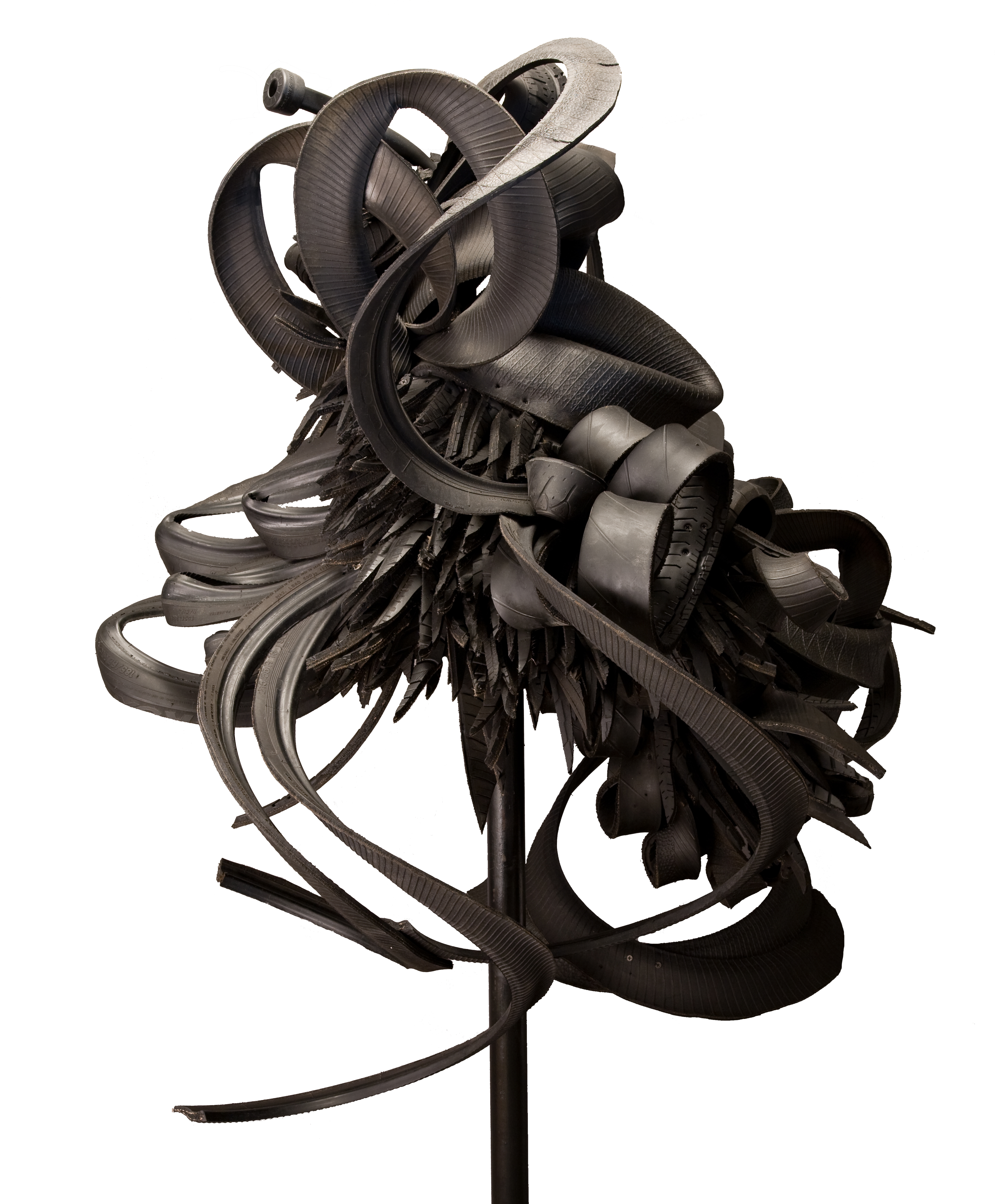 An abstract sculpture made out of tires.