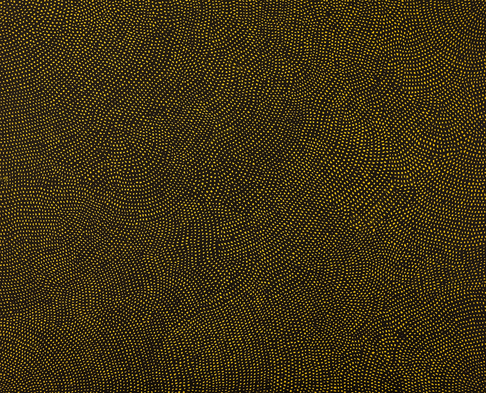 an abstract painting of yellow dots on a black background forming concentric and overlapping circles