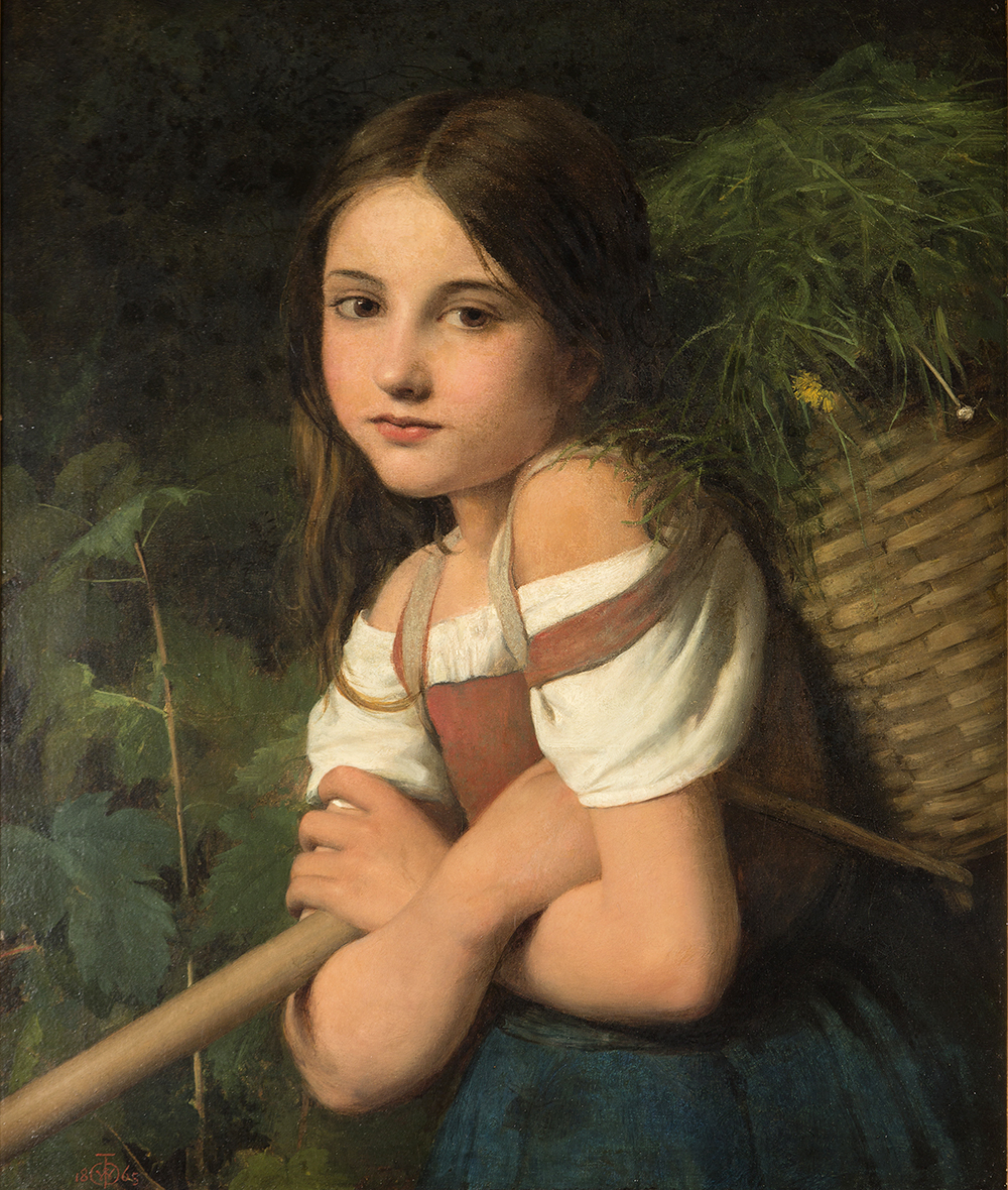 A young girl stands in the middle of the painting and can be seen from the waist up. She folds her arms around a stick and has a basket on her back filled with ferns. The girl is white with brown hair and has a blue skirt, white shirt and brown bodice. There are various plants in the background.  