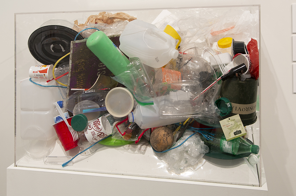 a pedestal with a plastic vitrine on top with discarded plastic water bottles and other litter inside. On the wall are written poems about water.