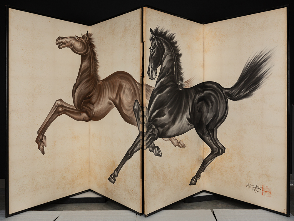 Sumi ink painting of two horses running side by side on a four-panel screen. On horse is black the other the a rich brown.