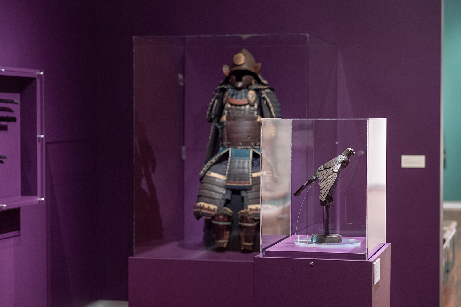 UMFA Gallery with a metal bird sculpture and Samurai suit 
