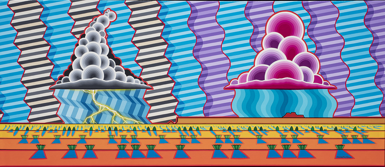 a graphic illustrative landscape painting of thunder and clouds over a desert the scene is painted with wide lines and bright colors