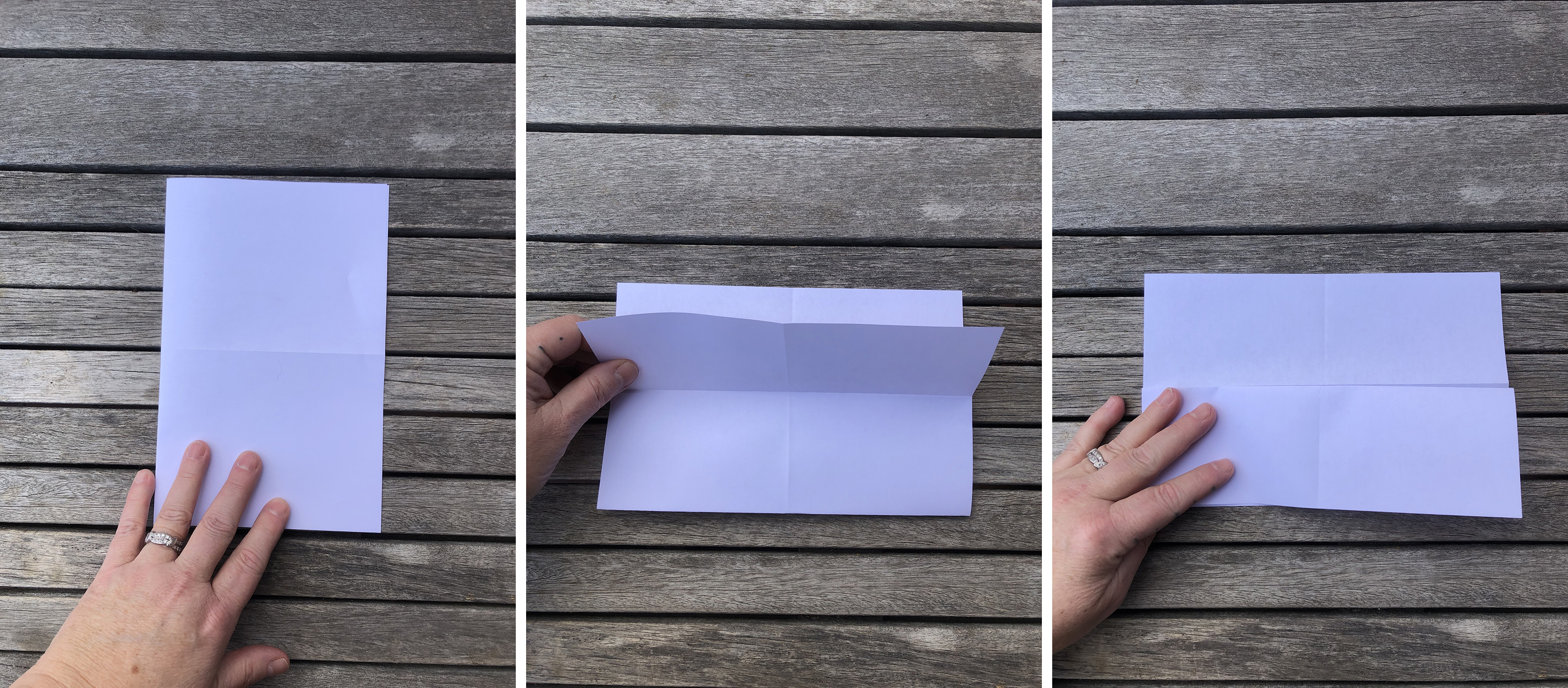 three images in a row showing a piece of paper being folded into an accordion shape 