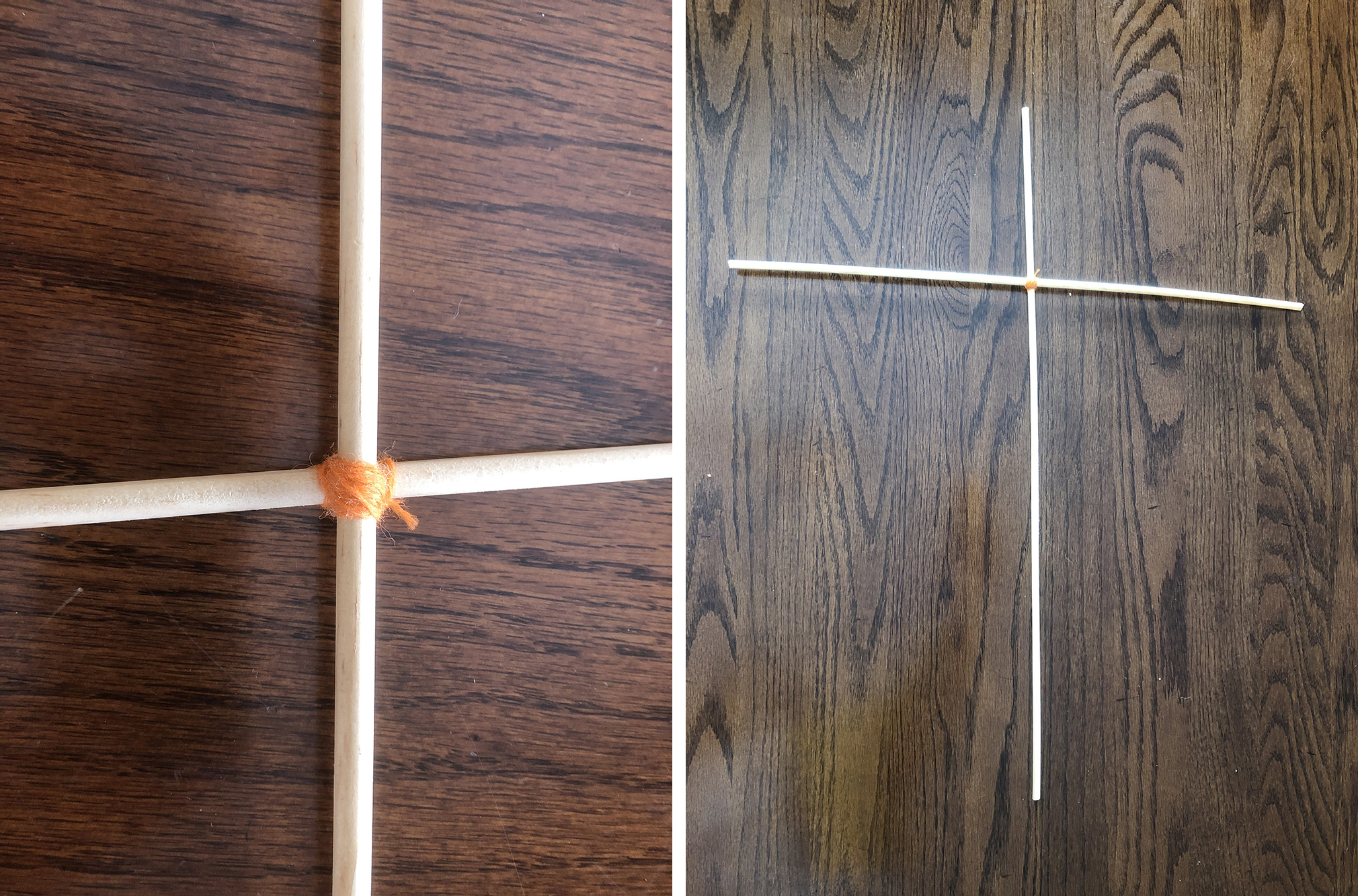 dowels crossed together and tied with string