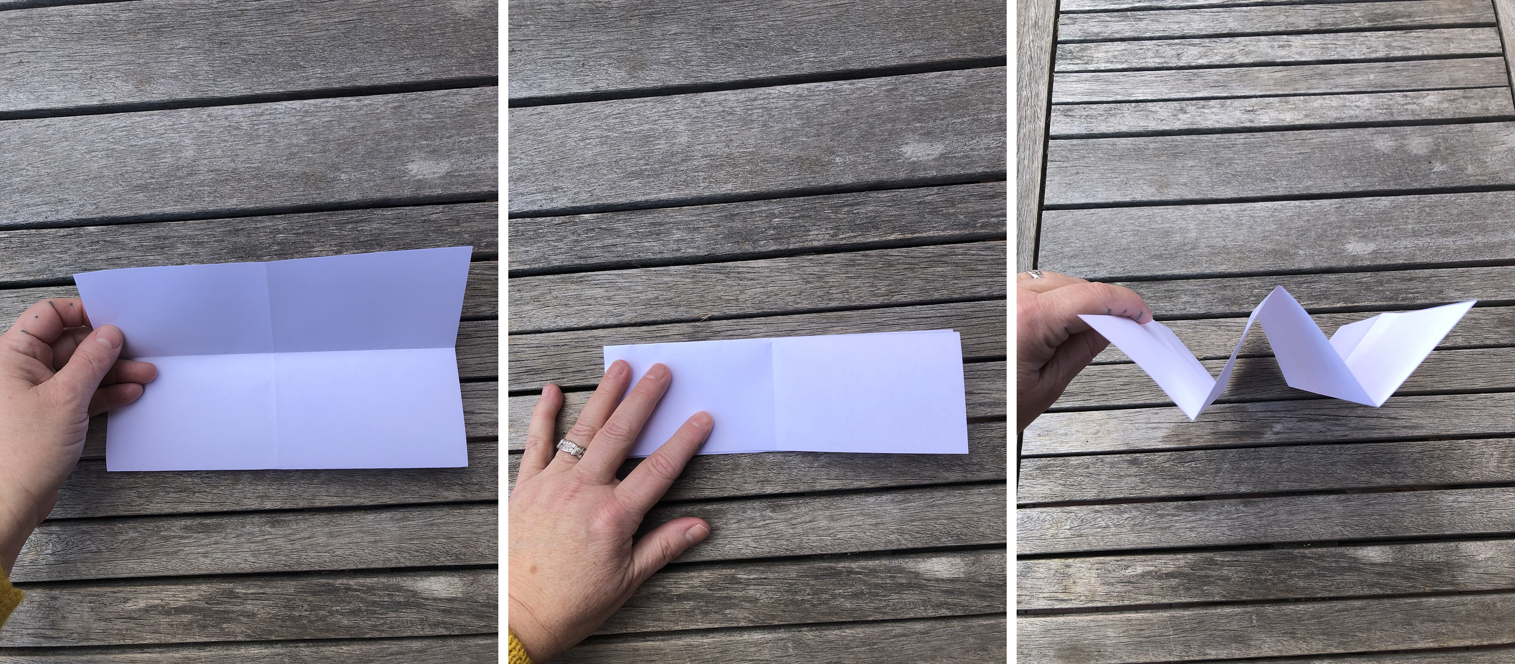 three images in a row showing a piece of paper being folded into an accordion shape 