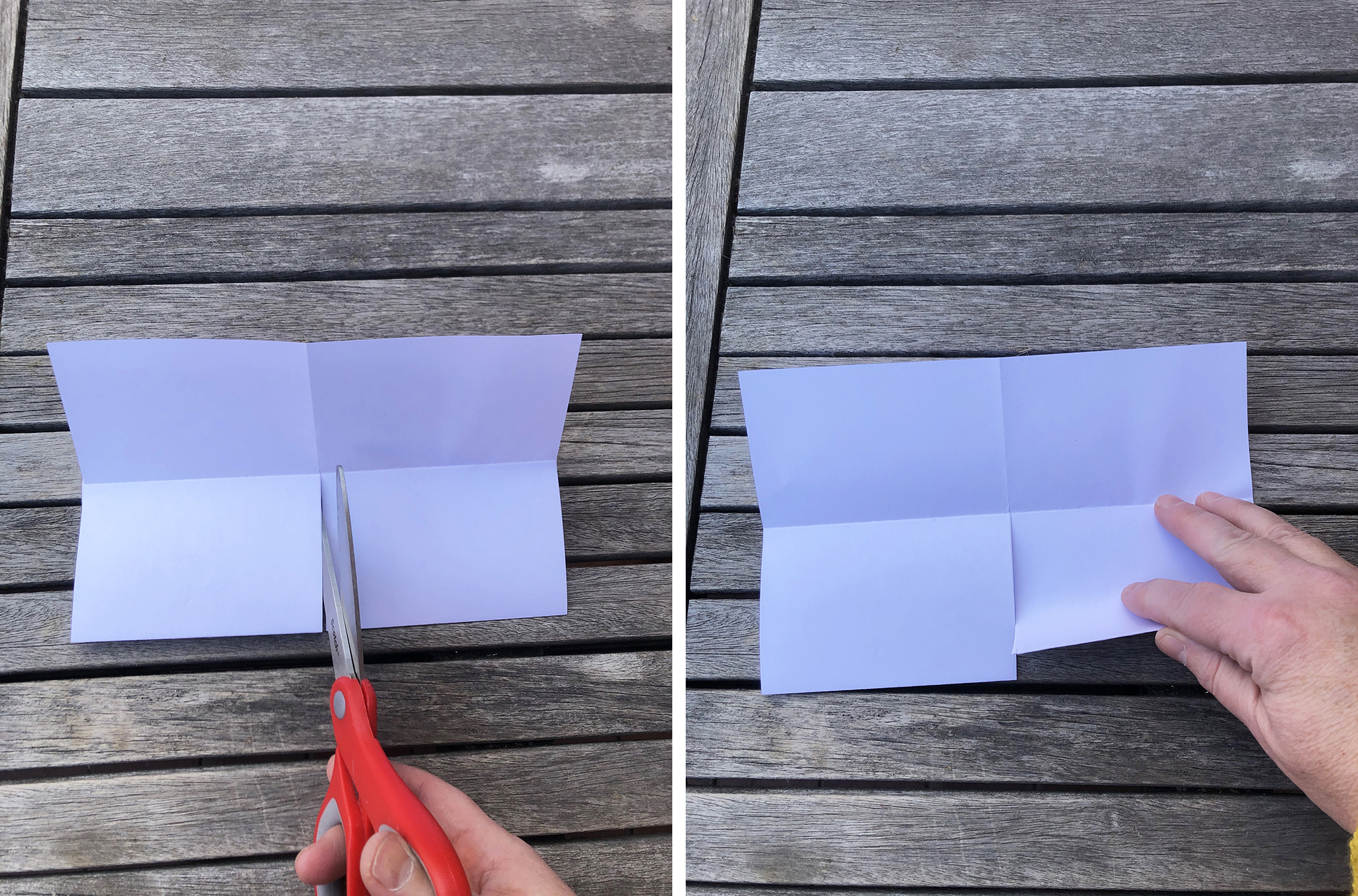 Two images side by side showing scissors cutting on the center crease of folded paper