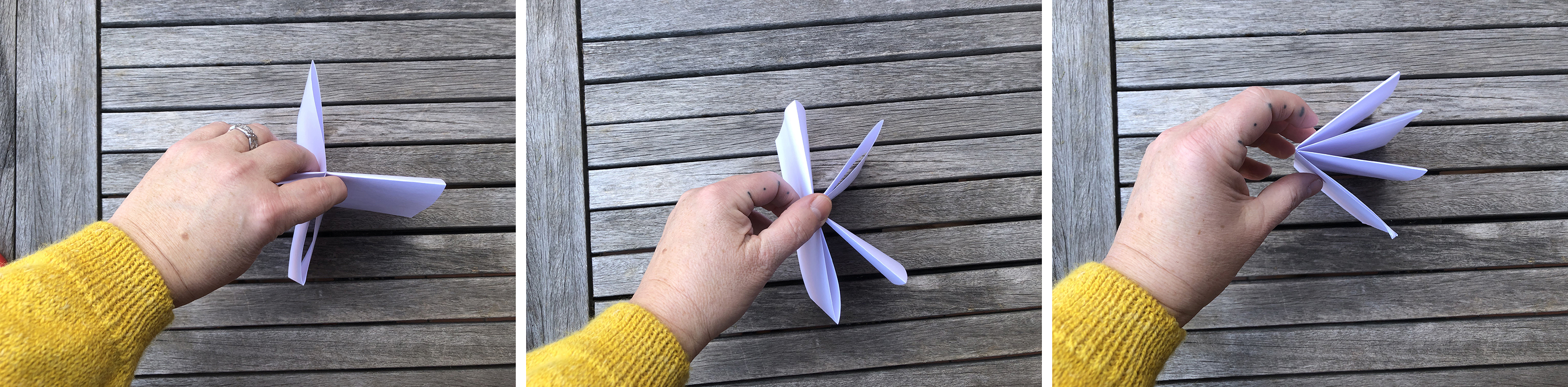 three images in a row showing the process of folding an accordion book into its final shape 