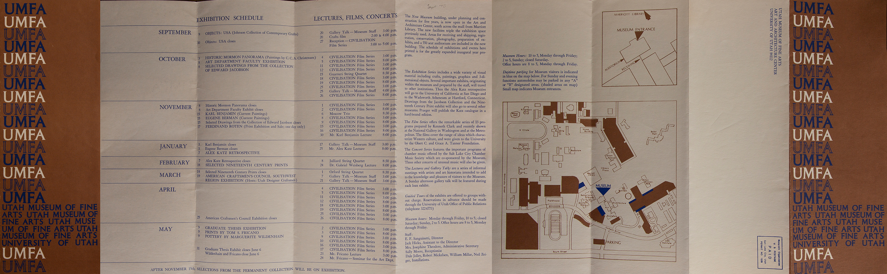 UMFA Exhibition Schedule brochure, 1970. University of Utah Facilities Planning and Construction Office records, Acc. 0416, Box 9, Building Files: Art and Architecture—Loose Material, 1968-73. University Archives and Records Management. J. Willard Marriott Library, the University of Utah.