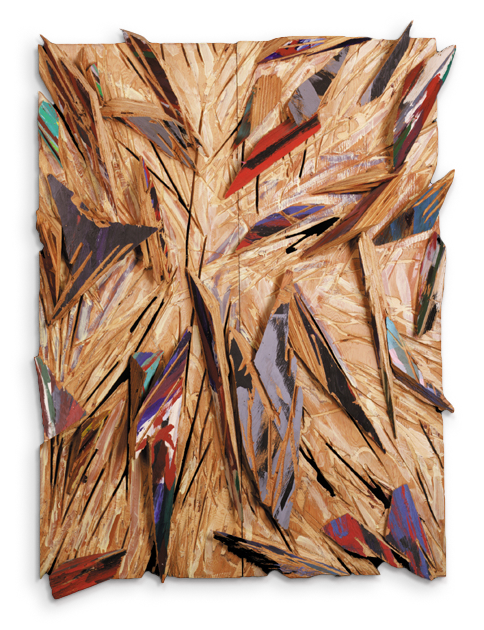A wooden board with sharp colorful triangular pieces pointing in all directions.