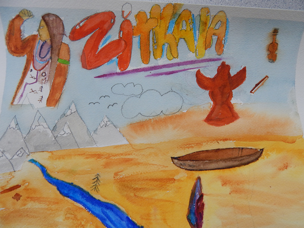 a student water color of the desert, a river and mountain with an indigenous women in the upper left corner the name Zitkala is written in the sky in orange bubble letters  