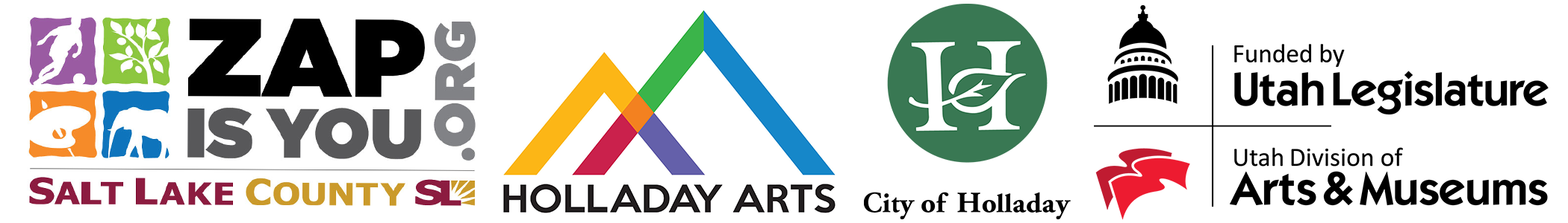 Logos for ZAP, Holladay Arts, the city of Holladay, the Utah Legislature, and the Utah division of Arts & Museums.
