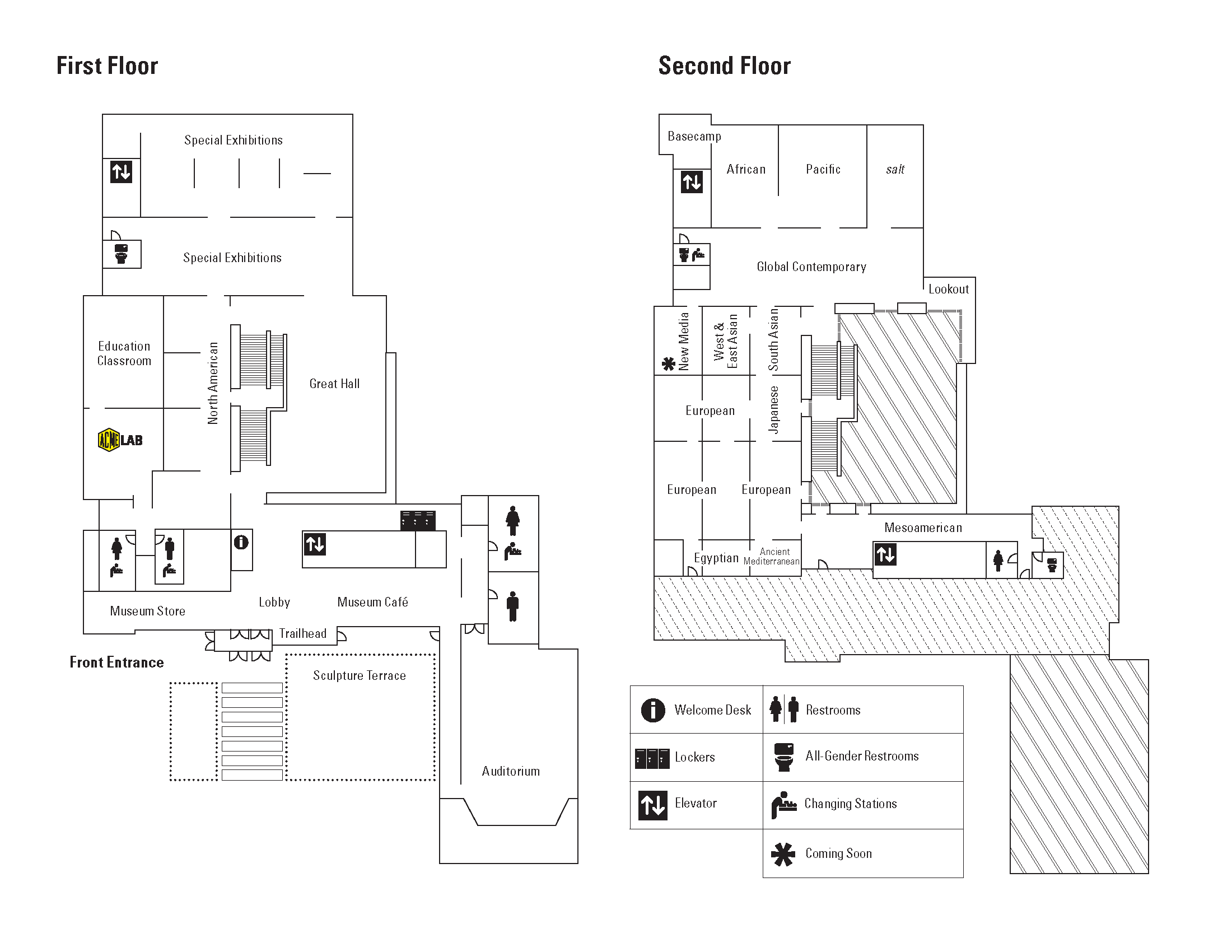 A black, white map of the museum building and galleries.