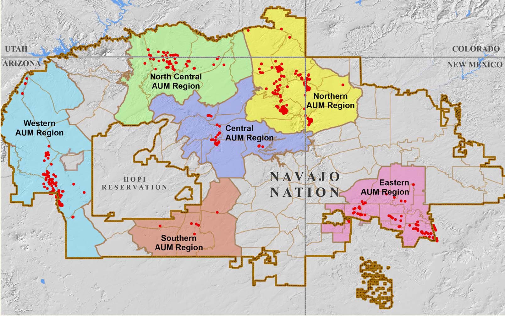 Map of the Navajo Nation showing where uranium mines are
