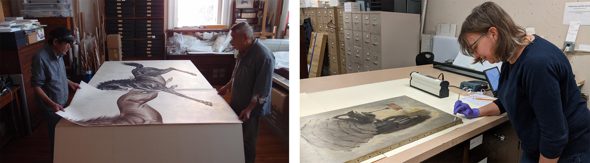 Two photos side by side. On the left: two people pull a large panel with horses painted on them into place. On the right: a person carefully inspects a painting.