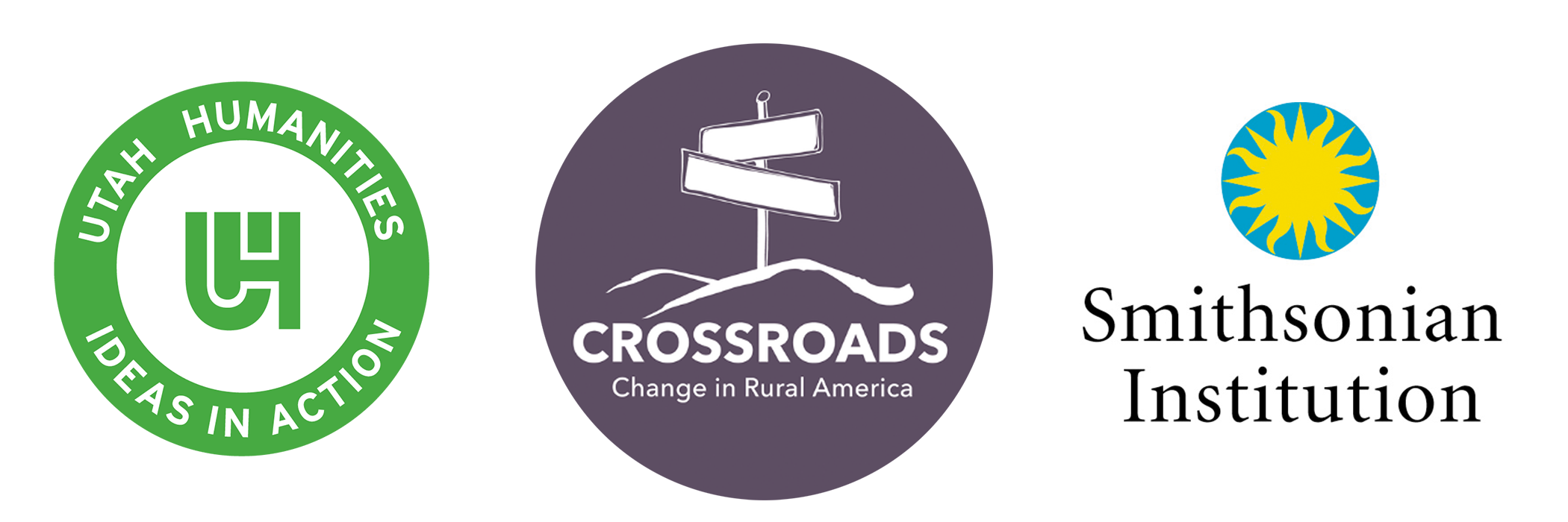 Logos for Utah Humanities, the Crossroads exhibition, and the Smithsonian Institution.