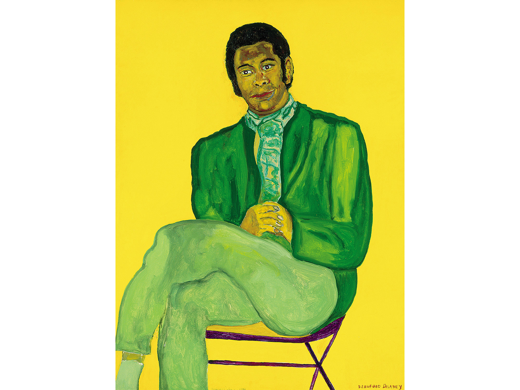 A painting of a man sitting on a brown folding chair against a flat yellow background. He is wearing a bright green suit with green socks and tie. His hands are folded on his lap and he is looking into the distance. His black hair is cut short and he has long sideburns. 