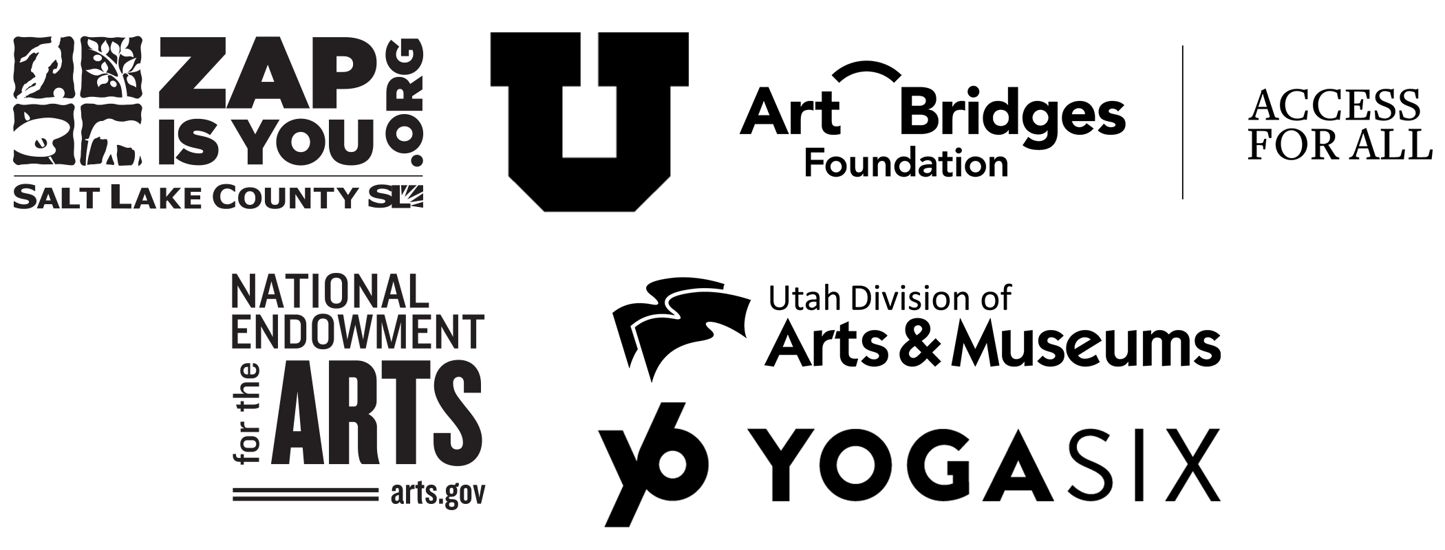 Logos for ZAP, the University of Utah, the Utah Division of Arts and Museums, Art Bridges, the National Endowment for the Arts, and YogaSix.