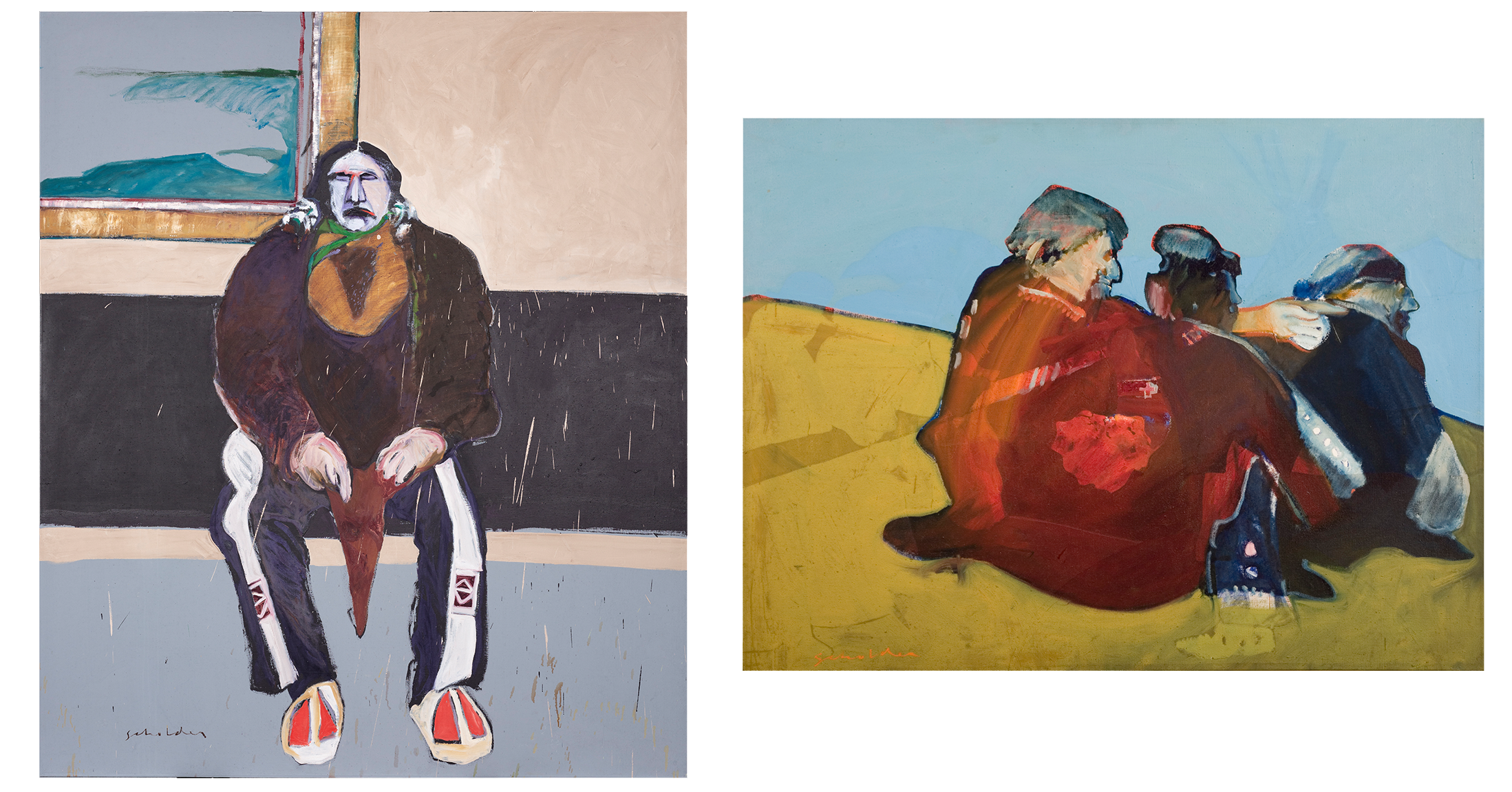 Two paintings, on the left: a Native man sits up against a wall. On the right three Native people sit on a hill, looking out.