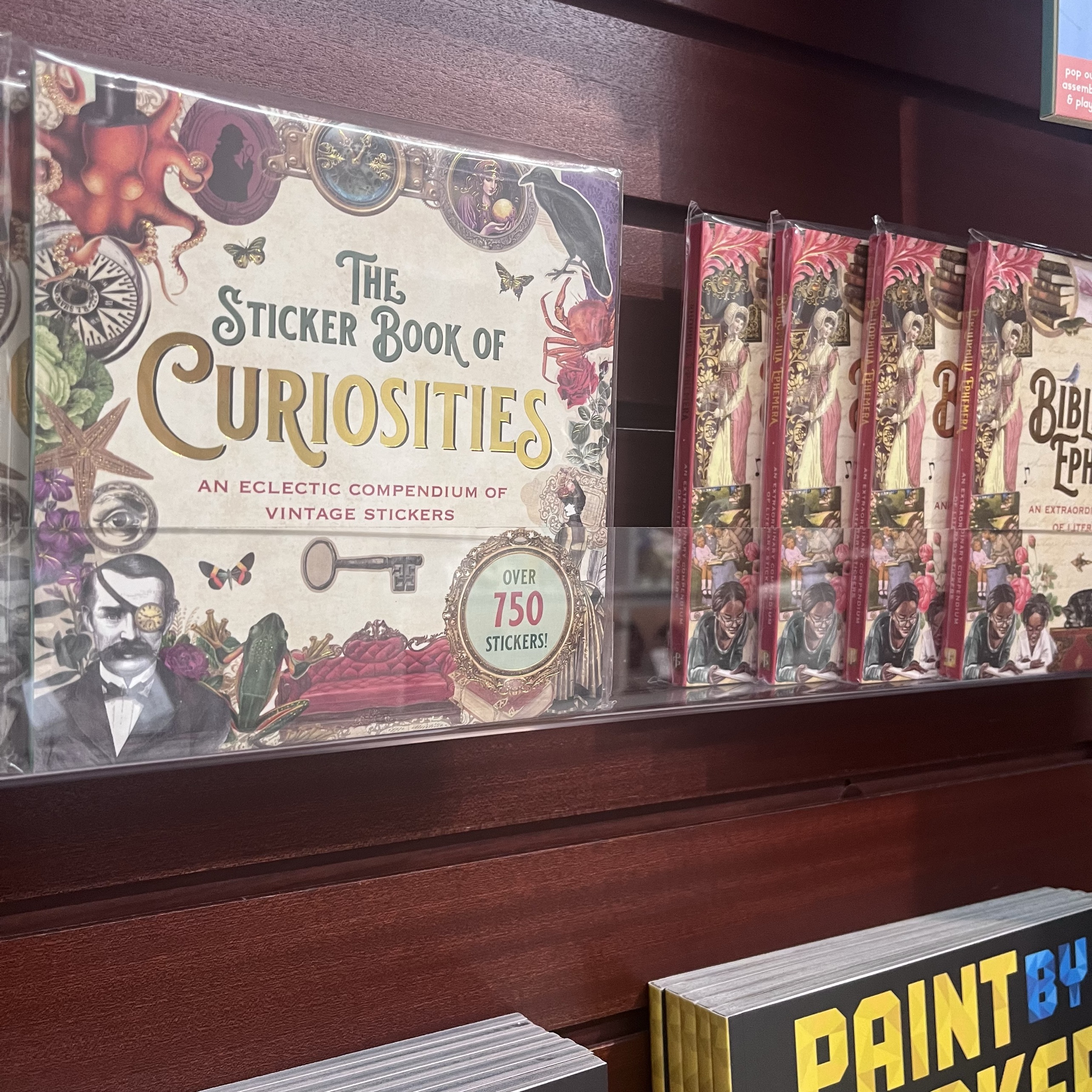 The Sticker Book of Curiosities sits on a shelf among other books.