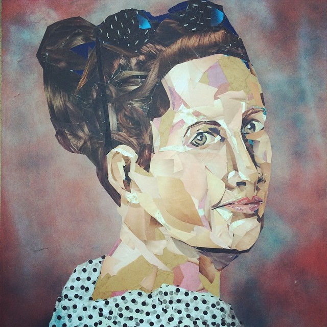 A paper collage of a woman.