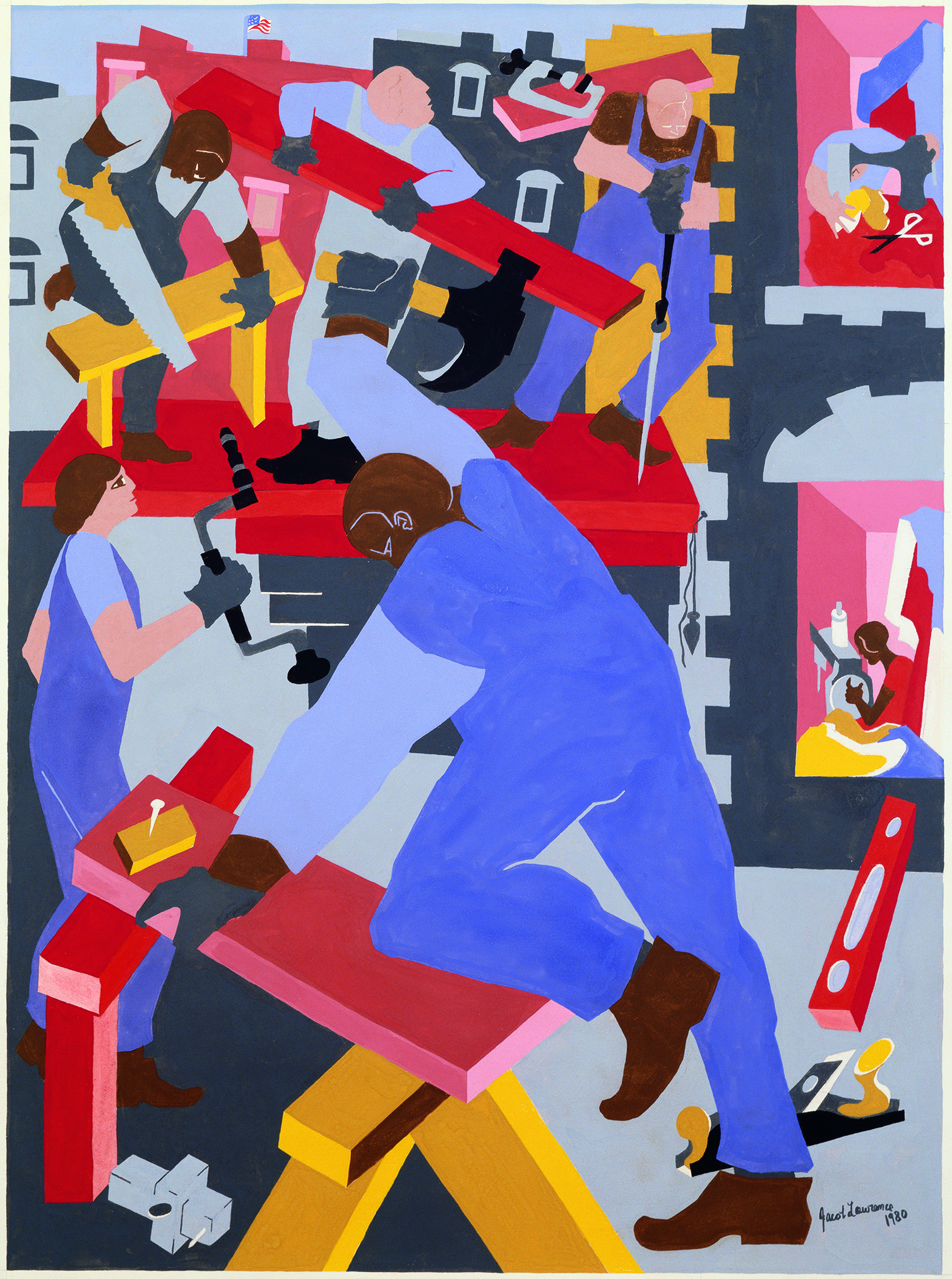 a graphic print with strong geometric lines of a man in blue overalls in motion hammering a nail into a board. The composition is all in primary colors. 