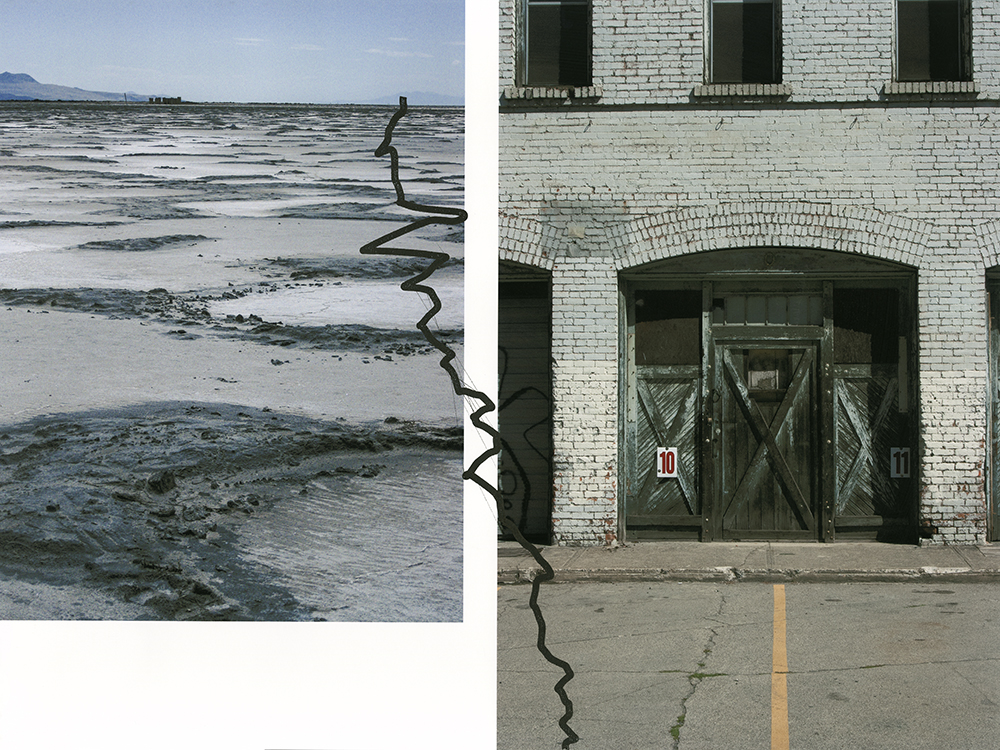 two photographs side by side with a drawn squiggly line going from one photograph to the other one. The left photo is a muddy lakebed with a mountain in the distance. The right photo is a wooden door within an arched opening of a white brick building. 