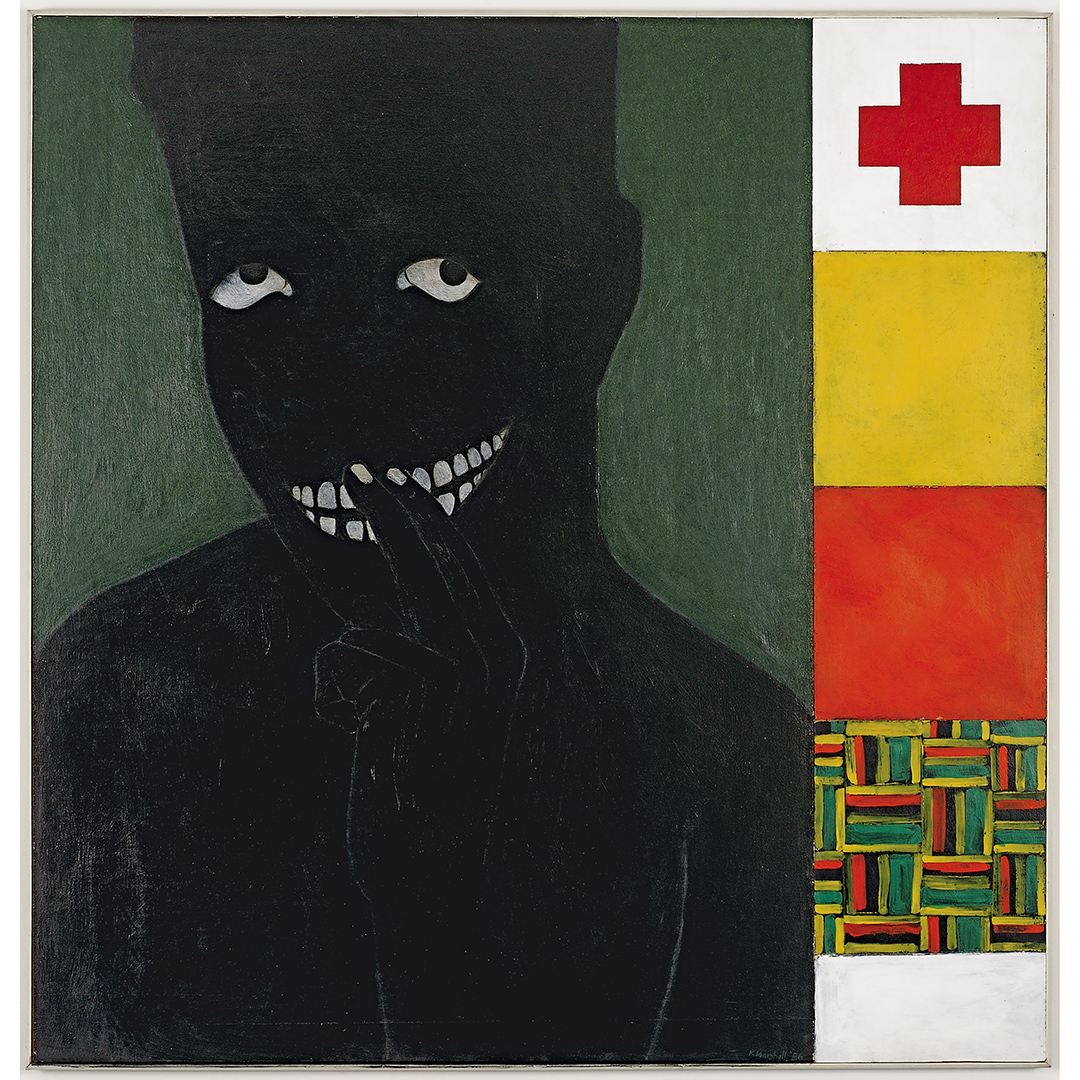 A painting of a man shown in silhouette painted all in black with just his fingernails, teeth and eyes painted in white. He has two fingers raised up to his smiling mouth. He is in front of a green background with a row of squares on the right side of the painting. The top square is white with a red plus sign in the middle, the next square down is yellow, the third square is red, the fourth square has a Kente cloth pattern in red, yellow, green, and black. There is a smaller rectangle below the last square that is white. 