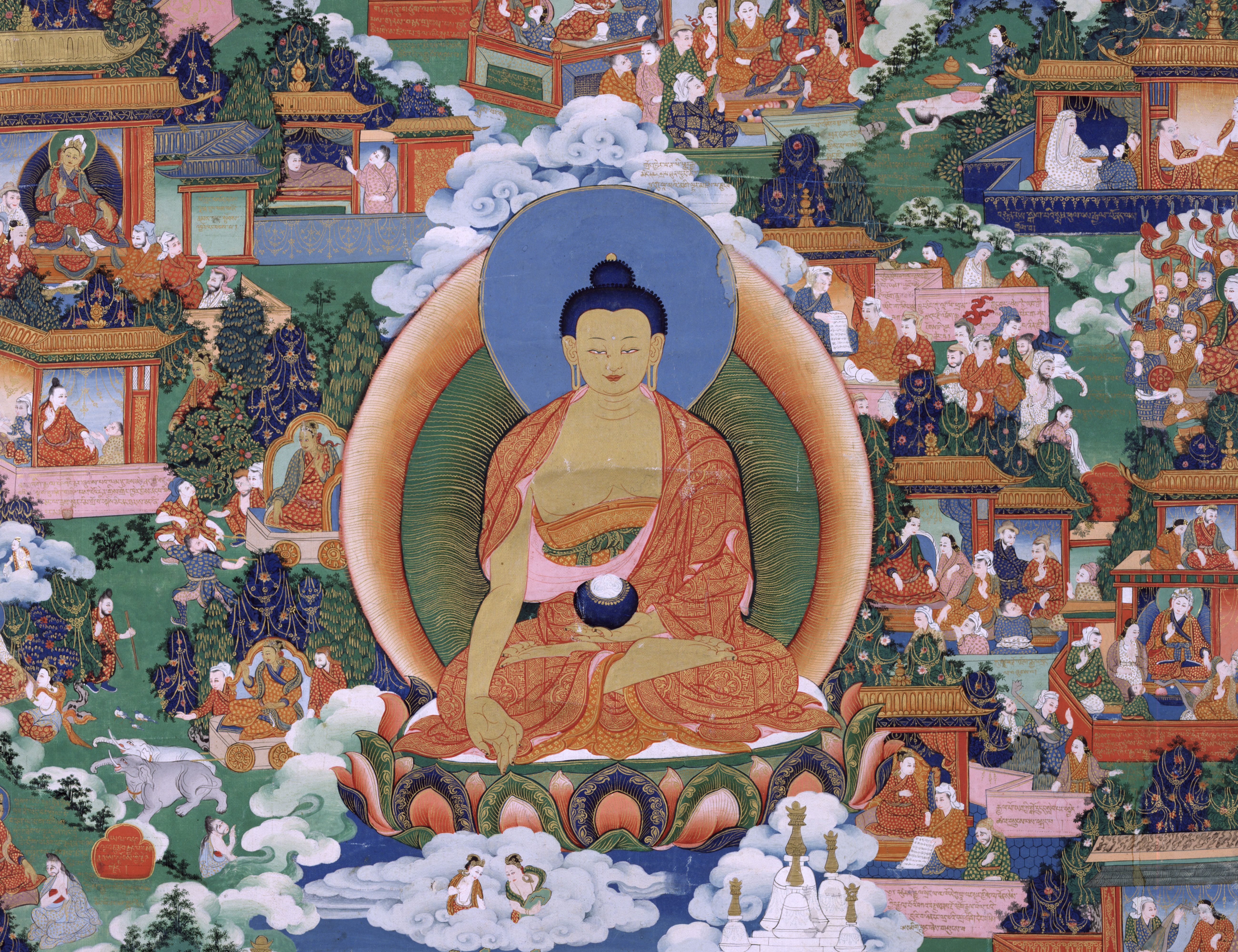 A colorful image of a buddha surrounded by smaller figures in different action scenes.