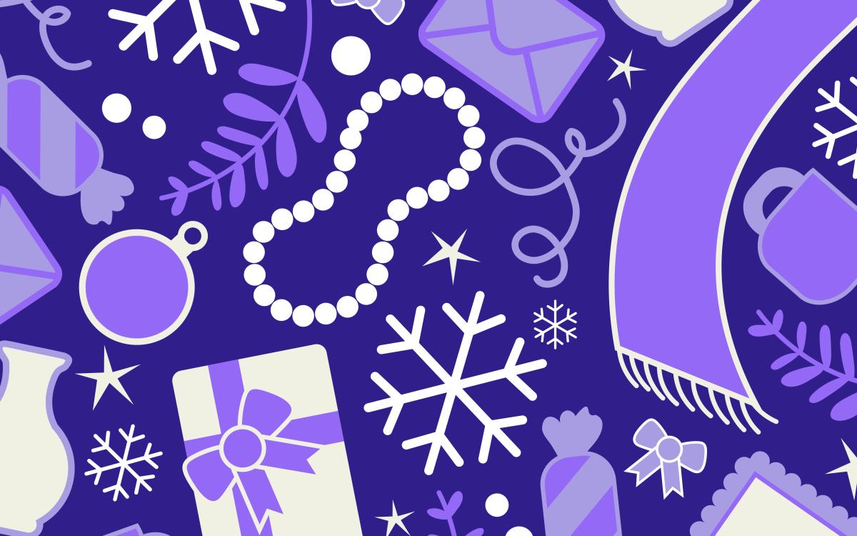 purple graphic collage of white and lighter purple holiday themed icons