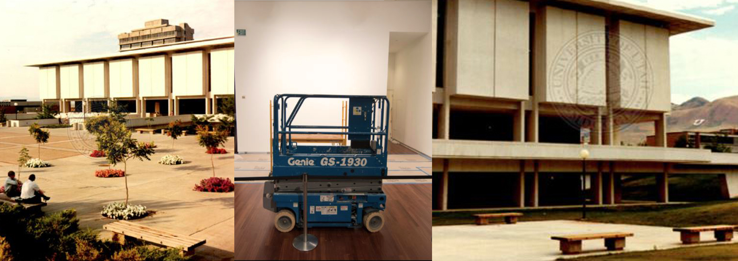 A composite of three images, two vintage images of the Marriott Library facade sandwiching an image of a lift in the UMFA