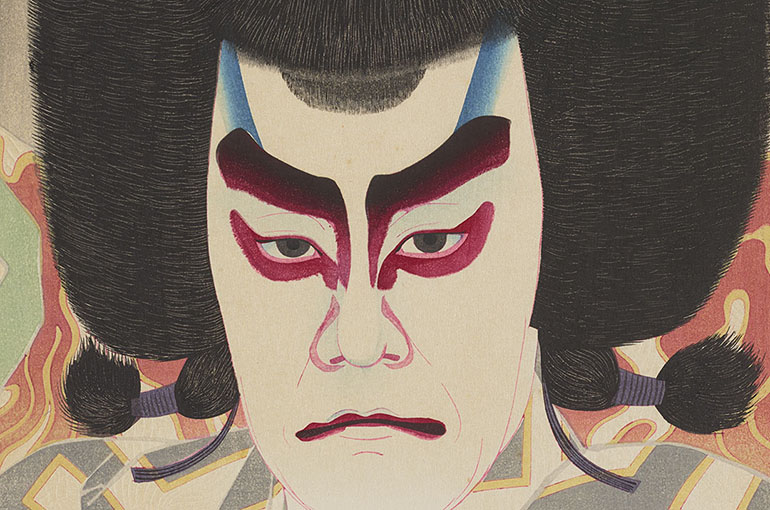 Japanese print from Seven Masters at UMFA. Natori Shunsen, The Actor Ichikawa Sadanji II as Narukami, 1926, woodblock print, ink and color on paper with mica and embossing. Published by Watanabe Shōzaburō. Photo: Minneapolis Institute of Art.