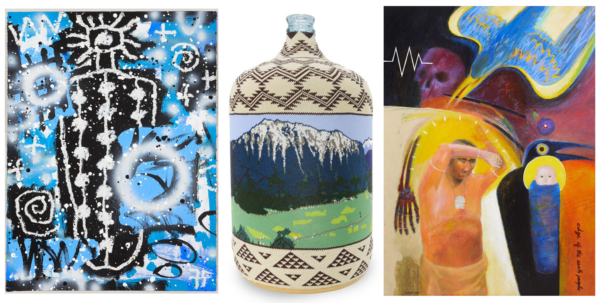 Three artworks side by side. On the left: A blue black and white painting with simple shapes. In the center: A beaded jug with an image of a mountain on it. On the right: a painting with multiple subjects like a man, a baby, a skull, and a diving bird.