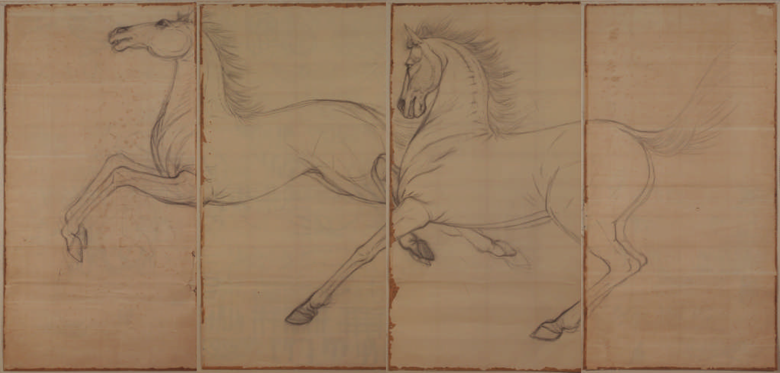 a larger drawing of two horses running side by side, the line work is graphite on tan paper