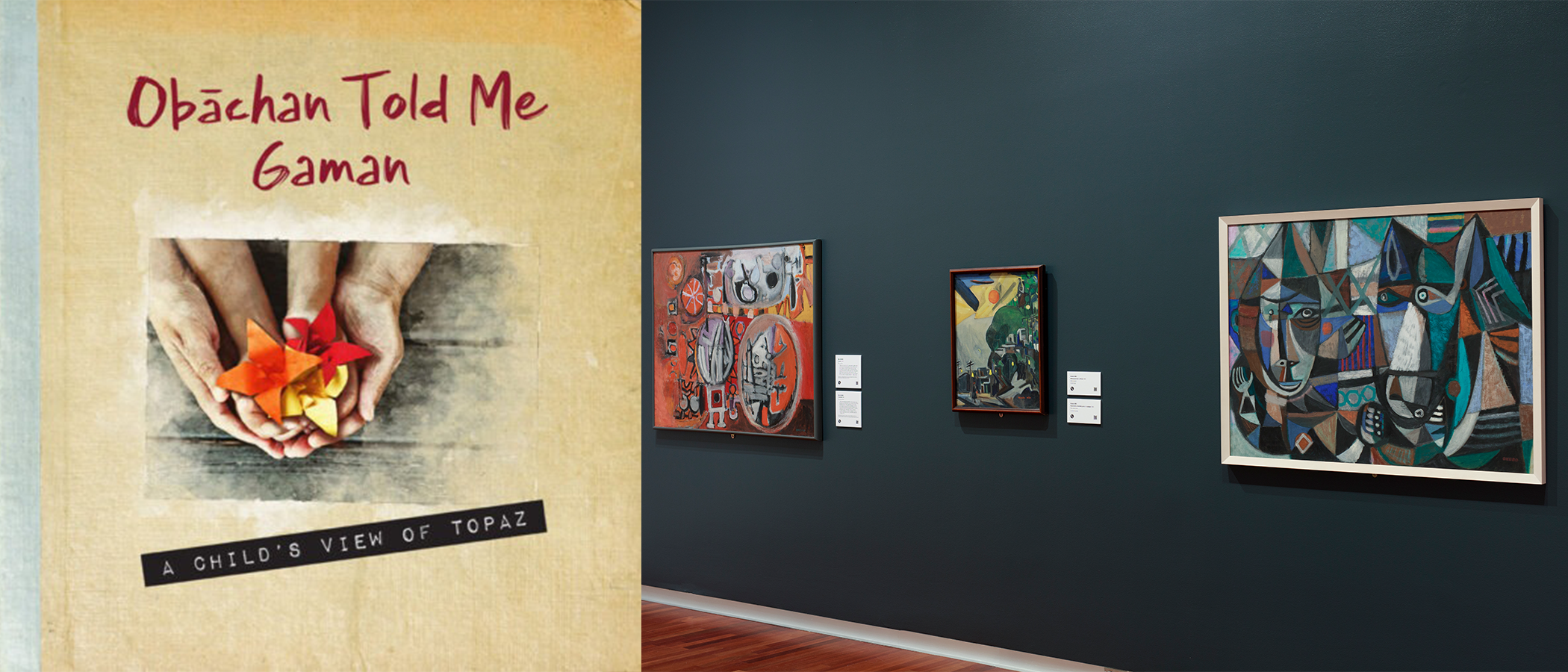 The cover of "Obāchan Told Me Gaman: A Child’s View of Topaz" side by side with a gallery photo of "Pictures of Belonging"