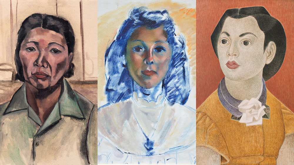 Three separate portraits of individual women. The one on the left has dark hair and a solemn expression. The middle has blue hair and a white dress. The one on the right also has dark hair and is wearing a bright orange shirt with a blue collar, and her face is serious.