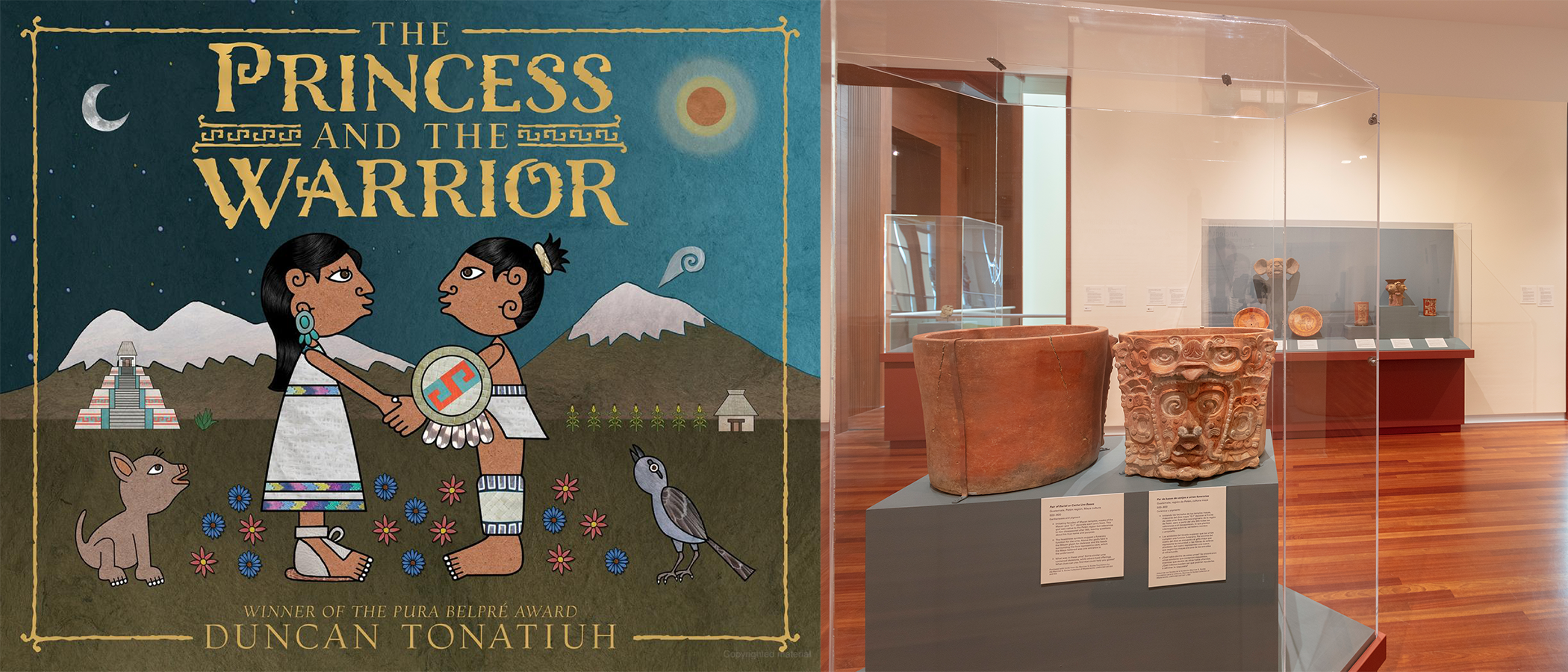 The cover of "The Princess and the Warrior" and a photo of the Mesoamerican gallery in the UMFA.